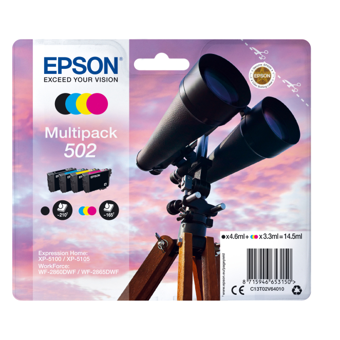 Epson Multipack 4-colores 502 Inks Alta Calidad Epson Multipack 4-colores 502 Ink, C13T02V64020. Cartuchos de tinta de alta calidad para impresoras Epson, colores vivos y duraderos
