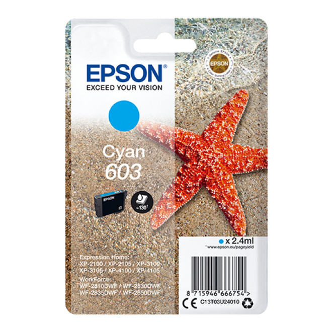 Epson Cartucho de Tinta Cyan 603 Singlepack Rendimiento Superior Cartucho de tinta cian Epson modelo 603 Singlepack con capacidad de alta resolución, SKU C13T03U24010