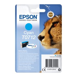 Cartucho de tinta cian Epson T0712 con SKU C13T07124012, adecuado para impresoras Epson, ofrece impresiones de alta calidad
