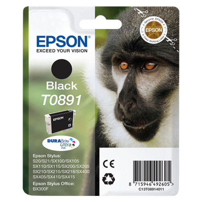 Epson Cartucho T0891 Negro de Alta Capacidad Cartucho de tinta negra Epson modelo Monkey T0891, alta capacidad para impresoras Epson. SKU: C13T08914011