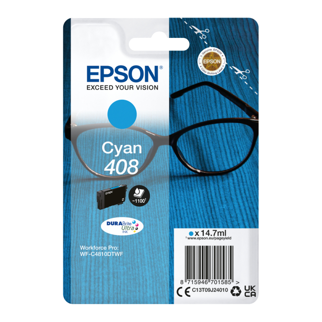 Epson Tinta Cian DURABrite Ultra 408 Epson Singlepack Cyan 408 DURABrite Ultra Ink, compatible con impresoras Epson, SKU C13T09J24010