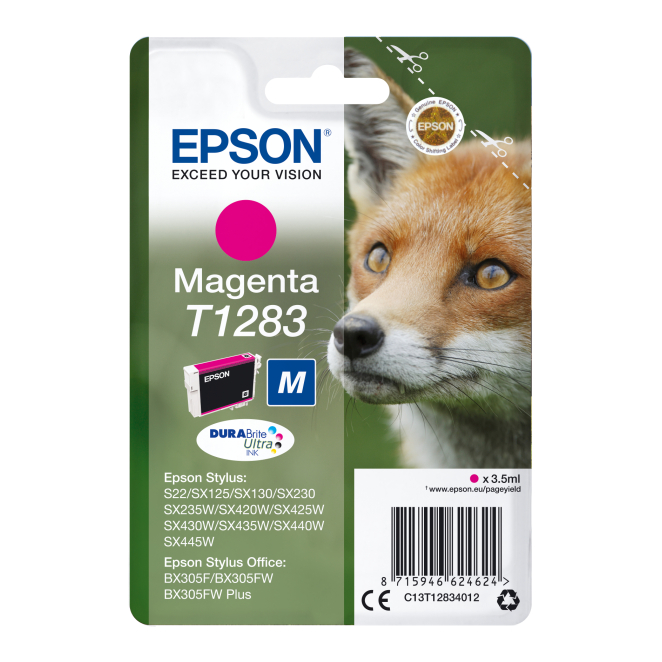 Epson Fox Cartucho T1283 magenta de alto rendimiento Cartucho de tinta Epson Fox T1283 magenta, ideal para impresoras Epson. SKU: C13T12834012