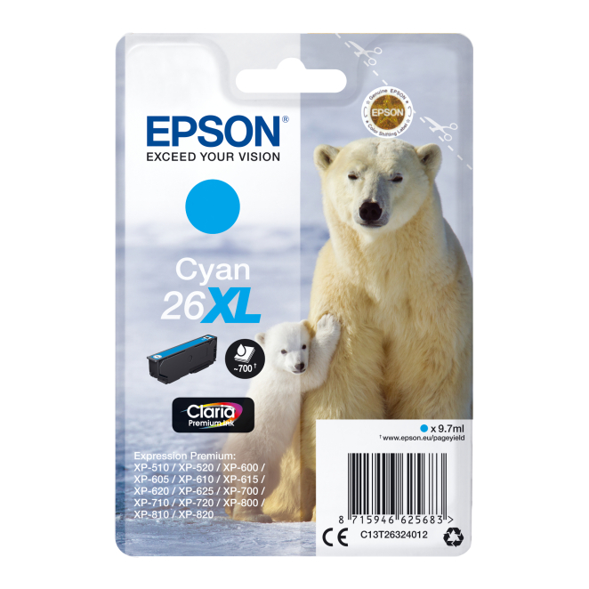 Epson Cartucho 26XL Cian Alta Capacidad Polar Bear Epson Polar Bear Cartucho 26XL cian, cartucho de tinta de alta capacidad para impresoras Epson, SKU C13T26324012
