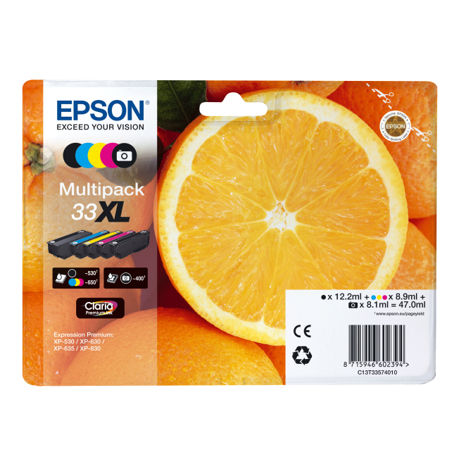 Epson Multipack 5 Colores 33XL Claria Premium Epson Oranges Multipack 5-colours 33XL Claria Premium Ink, SKU C13T33574021, vista frontal del paquete de cinco tintas XL.