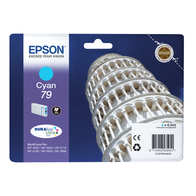 Epson Cartucho de Tinta Cian Torre de Pisa Alta Capacidad Cartucho de tinta cian Epson modelo Torre de Pisa 79, SKU C13T79124010. Ideal para impresoras Epson.