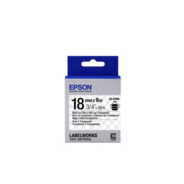 Epson Cinta transparente LK-5TBN con texto negro sobre fondo transparente, 18 mm de ancho y 9 metros de longitud, C53S655008