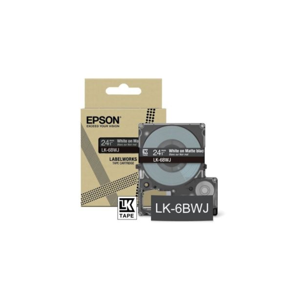 Vista de la cinta de etiquetas Epson LK-6BWJ negro sobre blanco con SKU C53S672084, ideal para impresoras compatibles.