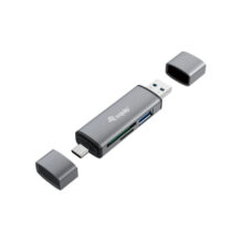 Equip lector de tarjeta USB 3.2 Gen 1, compatible con conectores Type-A y Type-C, color gris. SKU 245460