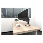 Vista frontal del soporte de sobremesa Equip para dos monitores interactivos de 17 a 32 pulgadas, modelo 650121. Ideal para optimizar el espacio de trabajo.