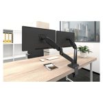 Vista frontal del soporte de sobremesa Equip para dos monitores interactivos de 17 a 32 pulgadas, modelo 650121. Ideal para optimizar el espacio de trabajo.