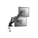 Vista frontal del soporte de sobremesa Equip para dos monitores interactivos de 17 a 32 pulgadas, modelo 650121. Ideal para optimizar el espacio de trabajo.