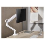 Soporte de escritorio blanco para monitor Equip, ajustable entre 17 y 35 pulgadas, SKU 650185. Muestra el soporte sobre un escritorio con monitor.