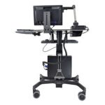 Vista frontal del carro multimedia Ergotron TeachWell en color grafito. Incluye espacio de trabajo digital para facilitar la movilidad y organización, SKU 24-220-055.