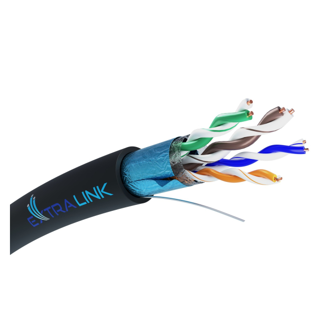 Extralink Cable de Red CAT5E FTP para Exterior 100m Negro Extralink cable de red CAT5E FTP de 100 metros, adecuado para exteriores, en color negro, SKU EX.19706
