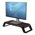 Soporte para monitor de escritorio Fellowes 8060501, color negro, ajustable en altura, diseñado para mejorar la postura y organización del escritorio.