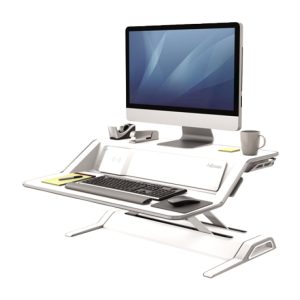 Soporte para monitores Fellowes Lotus DX con estación de carga integrada, ajuste de altura y gestión de cables. SKU: 8081101