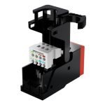 Conector Fibrain XQ100 en colores negro y rojo, diseñado para alta conectividad en cableado. SKU: XQ100