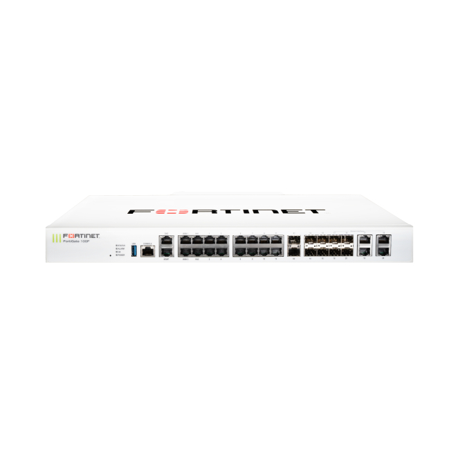 Fortinet Firewall FortiGate-100F con FortiCare y FortiGuard por 36 meses Imagen del firewall Fortinet FortiGate-100F con FortiCare Premium y FortiGuard Enterprise Protection por 36 meses. SKU FG-100F-BDL-809-36
