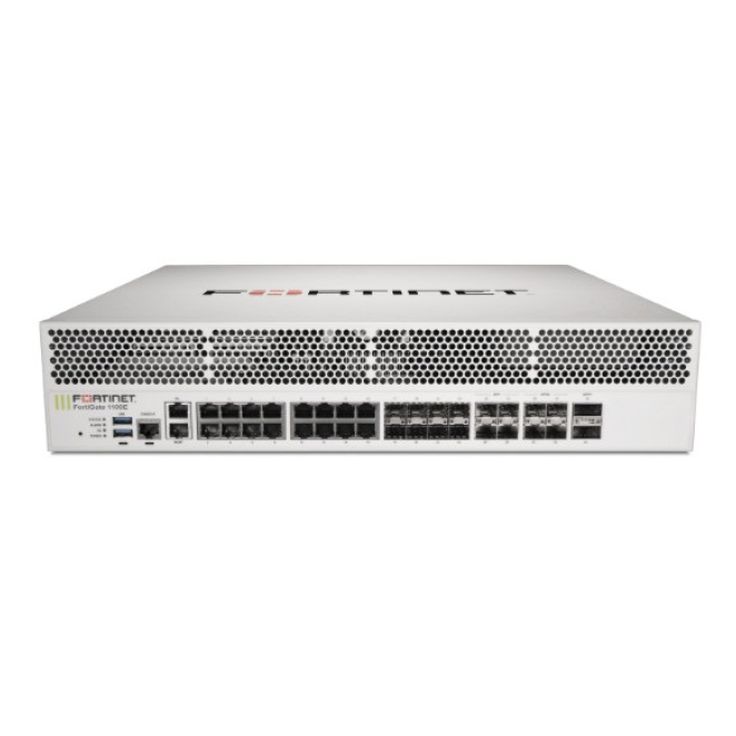 Fortinet FortiGate-1100E Firewall con ranuras 40GE QSFP+ y soporte para alta disponibilidad Imagen del Fortinet FortiGate-1100E Firewall con 2 ranuras 40GE QSFP+, 4 ranuras 25GE SFP28, 4 ranuras 10GE SFP+, 8 ranuras GE SFP, 18 puertos GE RJ45 incluyendo puertos de gestión/HA, hardware acelerado SPU NP6 y CP9, y 2 fuentes de alimentación AC. SKU FG-1100E.