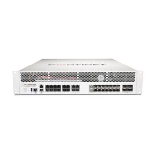 Imagen del firewall Fortinet FortiGate-3301E que muestra 4 puertos 40GE QSFP+, 16 puertos 10GE SFP+, 14 puertos GE RJ45 y 4 puertos 10GBase-T con especificaciones avanzadas, SKU FG-3301E.