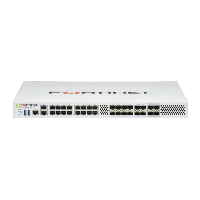 Fortinet FortiGate-601F Firewall con FortiCare y FortiGuard 60 meses Imagen del firewall Fortinet FortiGate-601F. Incluye FortiCare Premium y FortiGuard Enterprise Protection por 60 meses, SKU FG-601F-BDL-809-60.