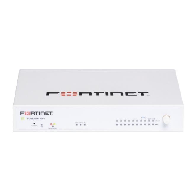 FortiGate Firewall con FortiCare y FortiGuard por 36 meses Imagen del FortiGate-70G Firewall con suscripción FortiCare Premium y FortiGuard Enterprise Protection por 36 meses, SKU FG-70G-BDL-809-36