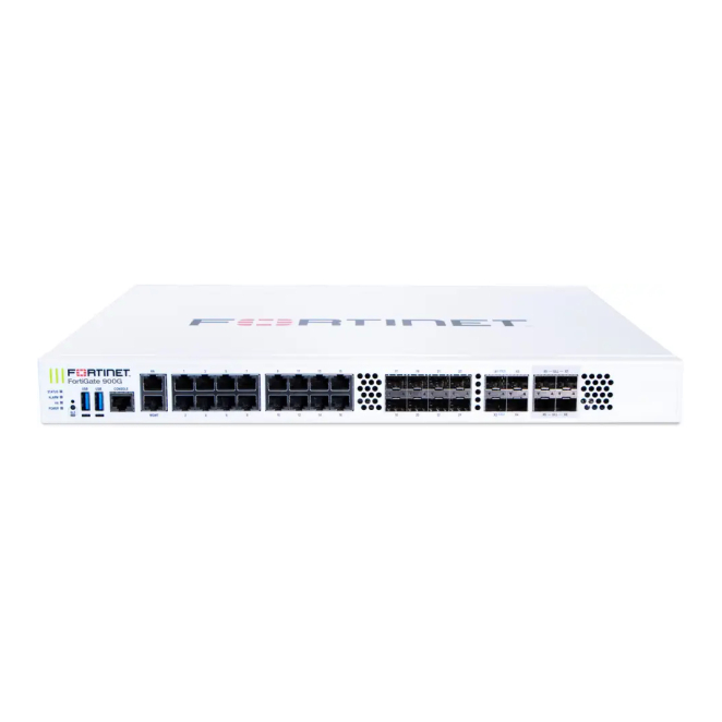 FortiGate Firewall con ranuras SFP28 y PSU dual Firewall FortiGate-900G con 4 ranuras SFP28 de 25G, 4 ranuras SFP+ de 10GE, y 17 puertos RJ45 GE, SKU FG-900G