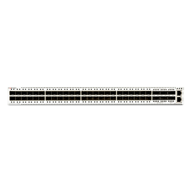 Fortinet Switch FortiSwitch-1048E con 48 slots GE/10GE SFP/SFP+ Vista frontal del switch Fortinet FortiSwitch-1048E con 48 slots GE/10GE SFP/SFP+, compatible con el controlador FortiGate, SKU FS-1048E