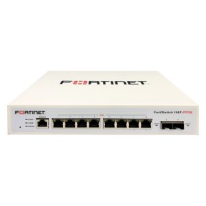 Vista frontal del Fortinet FortiSwitch-108F-FPOE, un switch de gestión L2+ que cuenta con 8 puertos GE, 2 puertos SFP, 1 puerto RJ45 de consola y una potencia POE limitada automática de 130W. SKU: FS-108F-FPOE