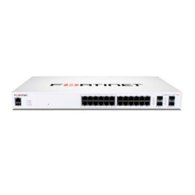 FortiSwitch-124F-FPOE Layer 2 FortiGate switch controller compatible PoE+ switch with 24x 1G RJ45 with PoE+ and 4x 10G/1G SFP+/SFP ports and 1x RJ45 console port. Max 370W PoE output limit with smart fan/temperature control. 1 FortiSwitch-124F-FPOE Layer 2 FortiGate switch PoE+ switch