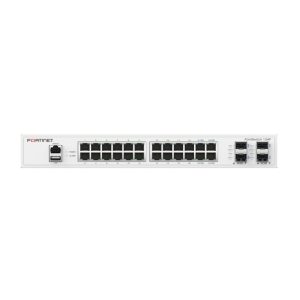 Switch Fortinet FortiSwitch-124F para redes cableadas FS-124F con 24 puertos 1G RJ45, 4 puertos SFP+/SFP 10G/1G y puerto consola RJ45, sin ventilador.