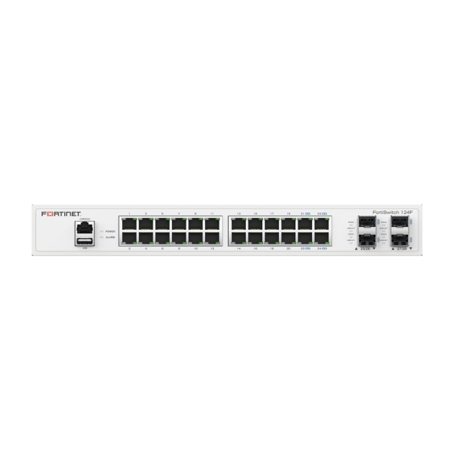Fortinet FortiSwitch-124F con 24 puertos 1G RJ45 y 4 SFP+ Switch Fortinet FortiSwitch-124F para redes cableadas FS-124F con 24 puertos 1G RJ45, 4 puertos SFP+/SFP 10G/1G y puerto consola RJ45, sin ventilador.