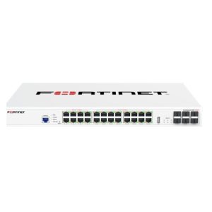 Switch Fortinet FortiSwitch-124G-FPOE Layer 2 compatible con controlador FortiGate. Incluye 24 puertos RJ45 (2.5G/1G/100M), 8 puertos PoE (802.3bt 90W), 16 puertos PoE (802.3af/at 30W), 6 puertos SFP+/SFP 10G/1G y 1 puerto de consola RJ45. Límite máximo de salida PoE de 780W. SKU: FS-124G-FPOE.