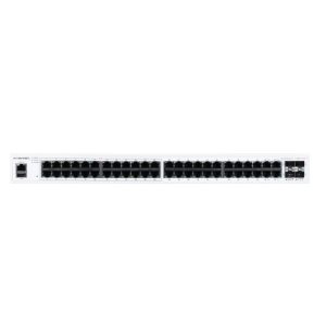 Fortinet FortiSwitch-148F-POE Layer 2 switch, compatible with FortiGate controller, featuring 48 1G RJ45 ports, 4x 10G/1G SFP+/SFP ports, and PoE+ support on ports 1 to 24 with a max PoE output limit of 370W. SKU: FS-148F-POE.