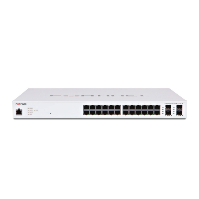 Fortinet FortiSwitch-224D-FPOE con 24 puertos GE RJ45 y compatibilidad con controlador FortiGate Fortinet FortiSwitch-224D-FPOE, con 24 puertos GE RJ45, 4 puertos GE SFP, límite de salida POE automático de hasta 370W, SKU FS-224D-FPOE