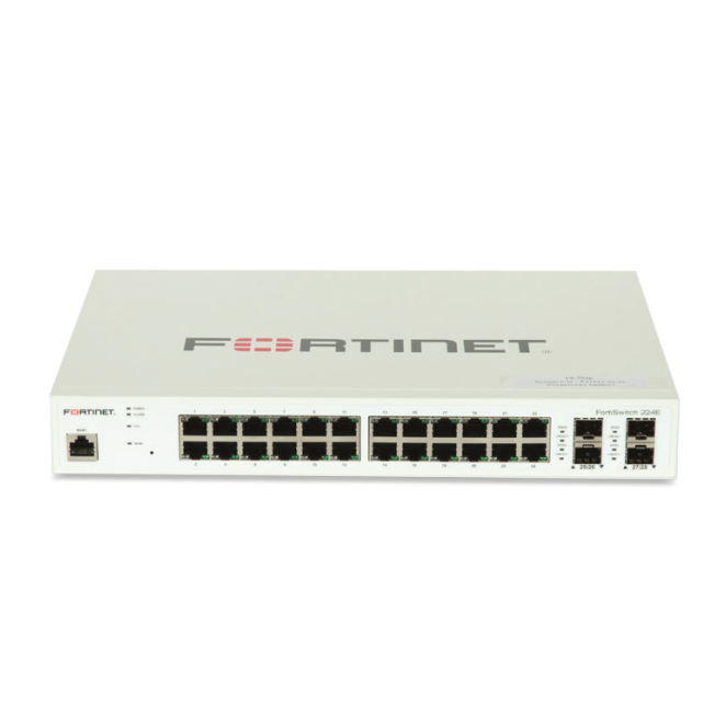 Fortinet FortiSwitch-224E Switch controlador compatible con FortiGate y 24 puertos Imagen del Fortinet FortiSwitch-224E, un switch compatible con controladores FortiGate, que cuenta con 24 puertos GE RJ45 y 4 puertos GE SFP. SKU FS-224E