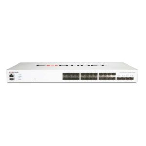 Vista frontal del switch FortiSwitch-424E-Fiber compatible con controlador FortiGate, 24 puertos GE SFP y 4 uplinks 10 GE SFP+, SKU FS-424E-FIBER