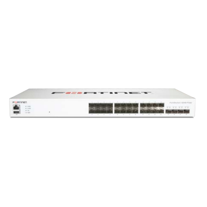 Fortinet Switch FortiSwitch-424E-Fiber con 24 puertos GE SFP Vista frontal del switch FortiSwitch-424E-Fiber compatible con controlador FortiGate, 24 puertos GE SFP y 4 uplinks 10 GE SFP+, SKU FS-424E-FIBER