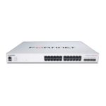 Imagen del switch FortiSwitch FS-424E-FPOE PoE+ que incluye 24 puertos GE RJ45, 4 puertos 10GE SFP+ y una salida máxima de 421W PoE. SKU FS-424E-FPOE