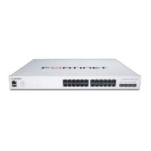 Imagen del switch FortiSwitch FS-424E-FPOE PoE+ que incluye 24 puertos GE RJ45, 4 puertos 10GE SFP+ y una salida máxima de 421W PoE. SKU FS-424E-FPOE