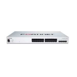 Imagen del Fortinet FortiSwitch-424E, un switch compatible con controlador FortiGate, 24 puertos GE RJ45 y 4 uplinks 10 GE SFP+. SKU: FS-424E