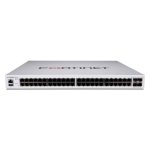 Imagen del Fortinet FortiSwitch-448E-FPOE, un switch Layer 2/3 compatible con controlador FortiGate, que cuenta con 48 puertos GE RJ45, 4 puertos 10 GE SFP+ y salida PoE+ máxima de 772W, SKU FS-448E-FPOE