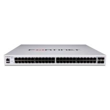 Imagen del Fortinet FortiSwitch-448E-FPOE, un switch Layer 2/3 compatible con controlador FortiGate, que cuenta con 48 puertos GE RJ45, 4 puertos 10 GE SFP+ y salida PoE+ máxima de 772W, SKU FS-448E-FPOE