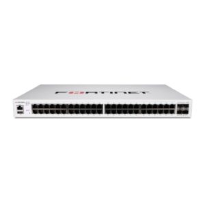 Fortinet FortiSwitch-448E, un switch Layer 2/3 compatible con FortiGate, 48 puertos GE RJ45, 4 puertos 10 GE SFP+, SKU FS-448E