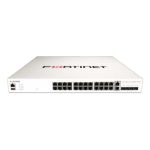 Vista del Fortinet FortiSwitch-M426E-FPOE, un switch PoE+ Layer 2/3 compatible con controlador FortiGate con 16 puertos GE RJ45, 8 puertos MultiGIG 2.5 GE UPOE (60W), 2 puertos MultiGIG 5GE RJ45 y 4 puertos SFP+. SKU: FS-M426E-FPOE