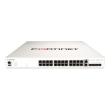 Vista del Fortinet FortiSwitch-M426E-FPOE, un switch PoE+ Layer 2/3 compatible con controlador FortiGate con 16 puertos GE RJ45, 8 puertos MultiGIG 2.5 GE UPOE (60W), 2 puertos MultiGIG 5GE RJ45 y 4 puertos SFP+. SKU: FS-M426E-FPOE