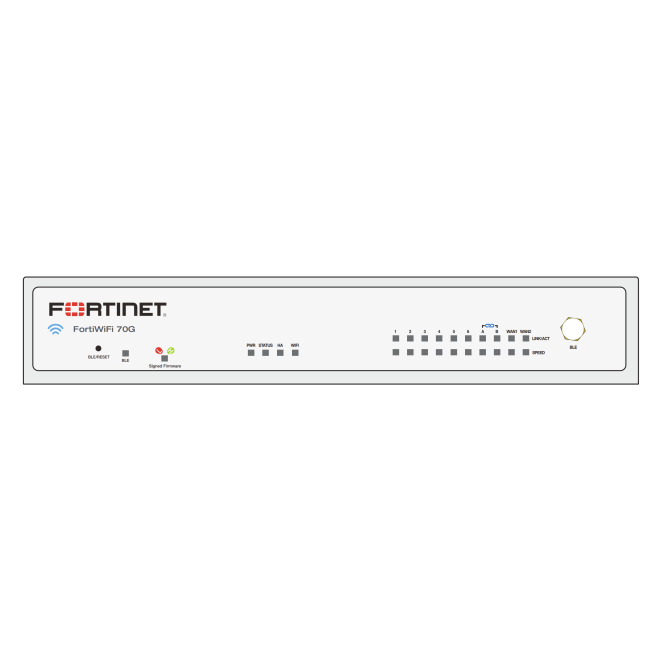 Fortinet FortiWiFi-70G Hardware con Protección de Amenazas Unificada Fortinet FortiWiFi-70G Hardware con FortiCare Premium y FortiGuard UTP por 60 meses, SKU FWF-70G-E-BDL-950-60. Firewall de alta seguridad para redes empresariales.