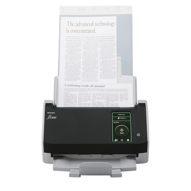 Ricoh fi-8040 escáner ADF y manual 600x600 DPI Escáner de documentos Ricoh fi-8040 con alimentador automático (ADF) y manual, resolución de 600 x 600 DPI, tamaño A4, en color negro y gris, SKU PA03836-B001
