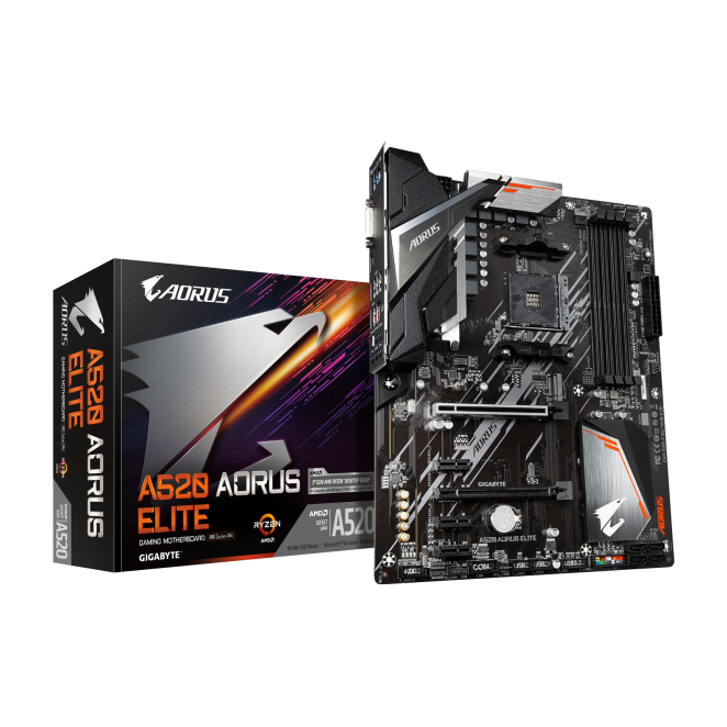GIGABYTE Placa base A520 AORUS ELITE con VRM digital puro de 5+3 fases GIGABYTE Placa base A520 AORUS ELITE compatible con procesadores AMD Ryzen serie 5000, VRM digital puro de 5+3 fases, hasta 4733MHz DDR4 OC, PCIe 3.0 x4 M.2, LAN GbE, USB 3.2 Gen2, SKU A520 AORUS ELITE
