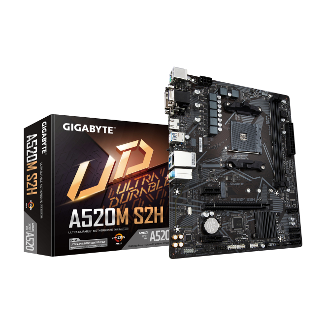 GIGABYTE Placa base A520M S2H con soporte para CPUs AMD Ryzen serie 5000 y VRM digital puro Imagen de la GIGABYTE Placa base A520M S2H, compatible con CPUs AMD Ryzen serie 5000, cuenta con VRM digital puro de 4+3 fases, soporte para DDR4 hasta 5100MHz (OC), PCIe 3.0 x4 M.2 y puertos USB 3.2 Gen 1. SKU: A520M S2H